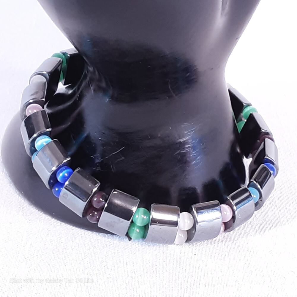 💎Gun Metal Stretch Bracelet With Multicolor Tiger's Eye Beads